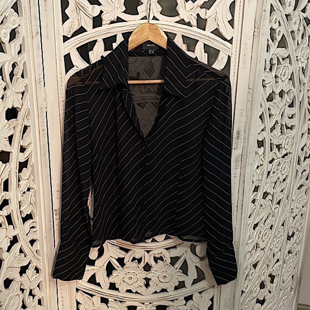 MEXX SHEER BLACK AND WHITE PIN STRIPE BLOUSE WITH LONG SLEEVES